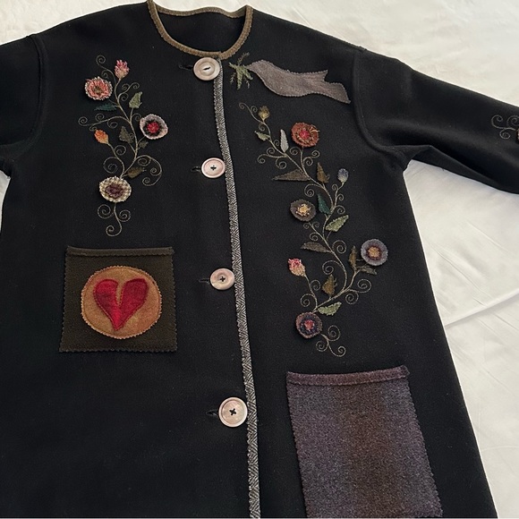 SOLD Custom Long Black Wool Coat with Flower, Bird, Heart Appliques Not sized - Picture 2 of 12